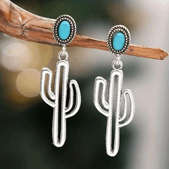 Cactus Shaped Silver Turquoise Dangle Earrings - Picture 1 of 6